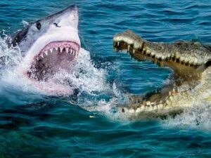 Морской крокодил и белая акула фото